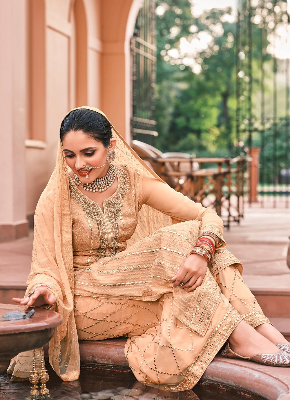 Pakistani Style Beige Embroidered Suit with Palazzo - Image 2
