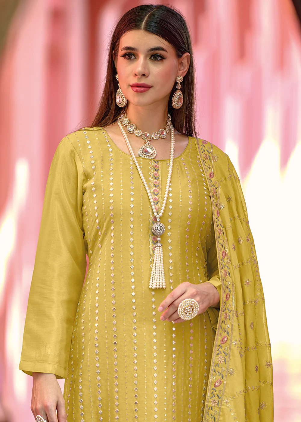 Pakistani Style Brilliant Yellow Embroidered Eid Wear Kurta Set - Image 2