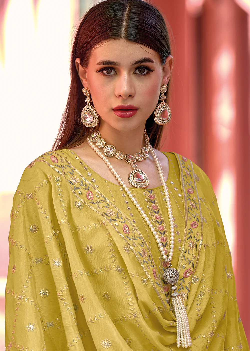 Pakistani Style Brilliant Yellow Embroidered Eid Wear Kurta Set - Image 3