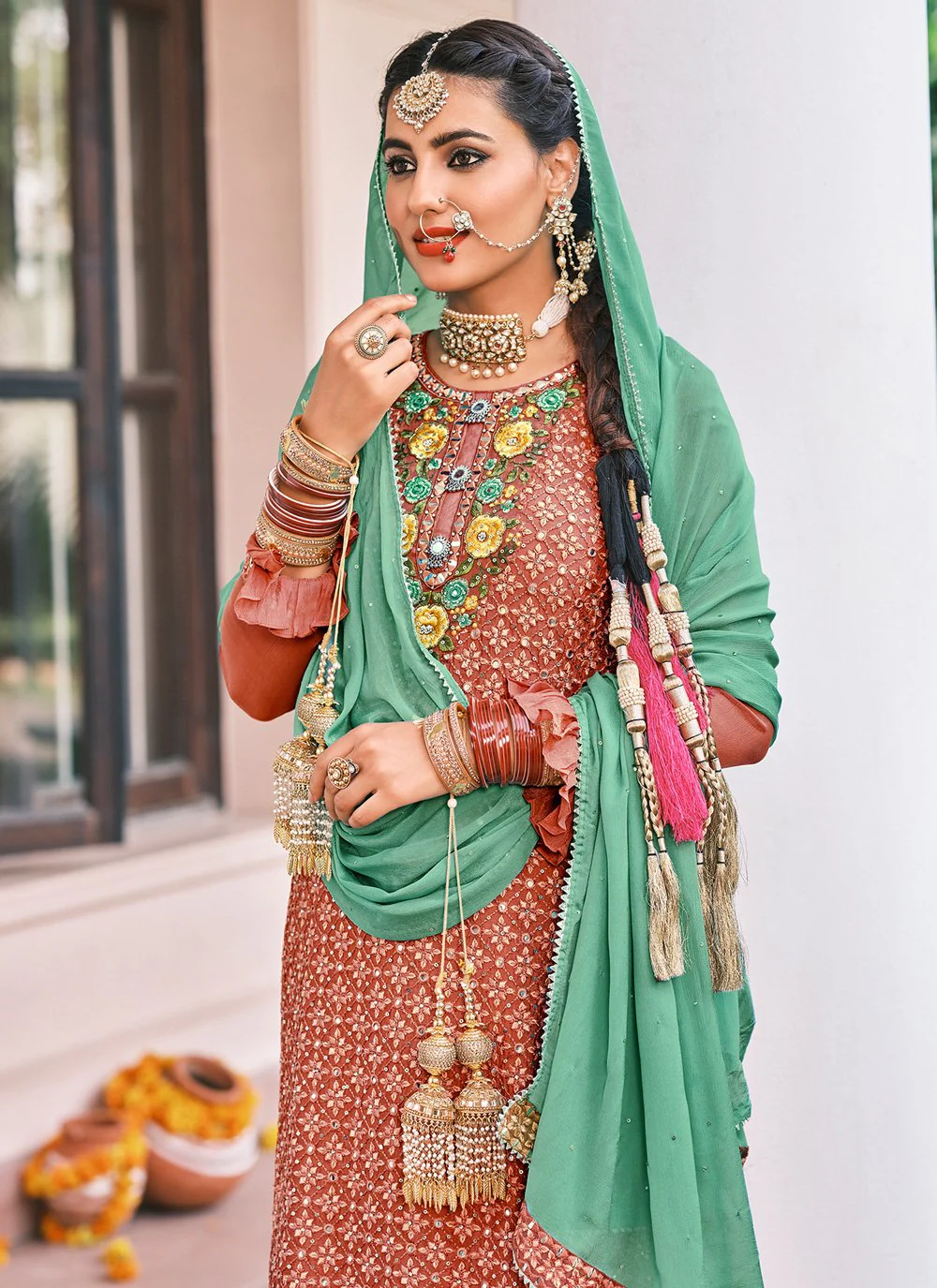 Pakistani Style Brown Embroidered Suit with Palazzo - Image 2