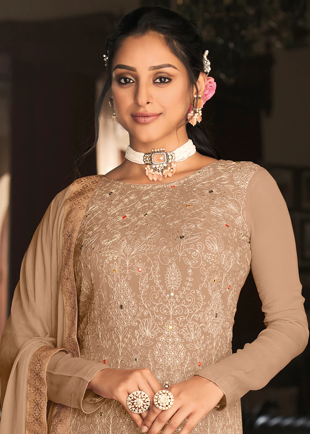 Pakistani Style Chikoo Beige Function Wear Salwar Suit - Image 2