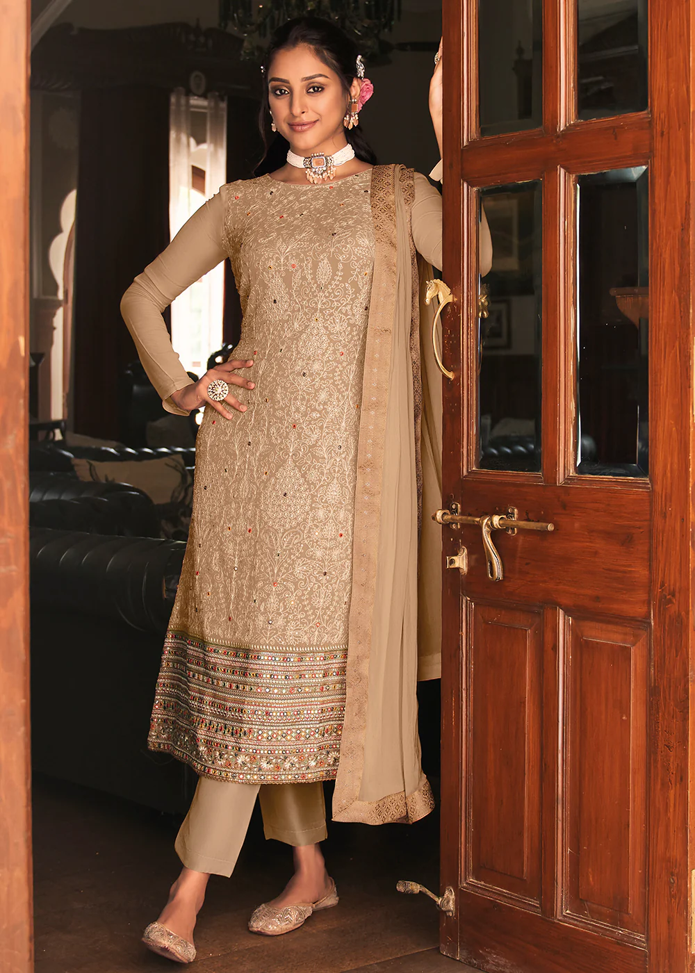 Pakistani Style Chikoo Beige Function Wear Salwar Suit - Image 3