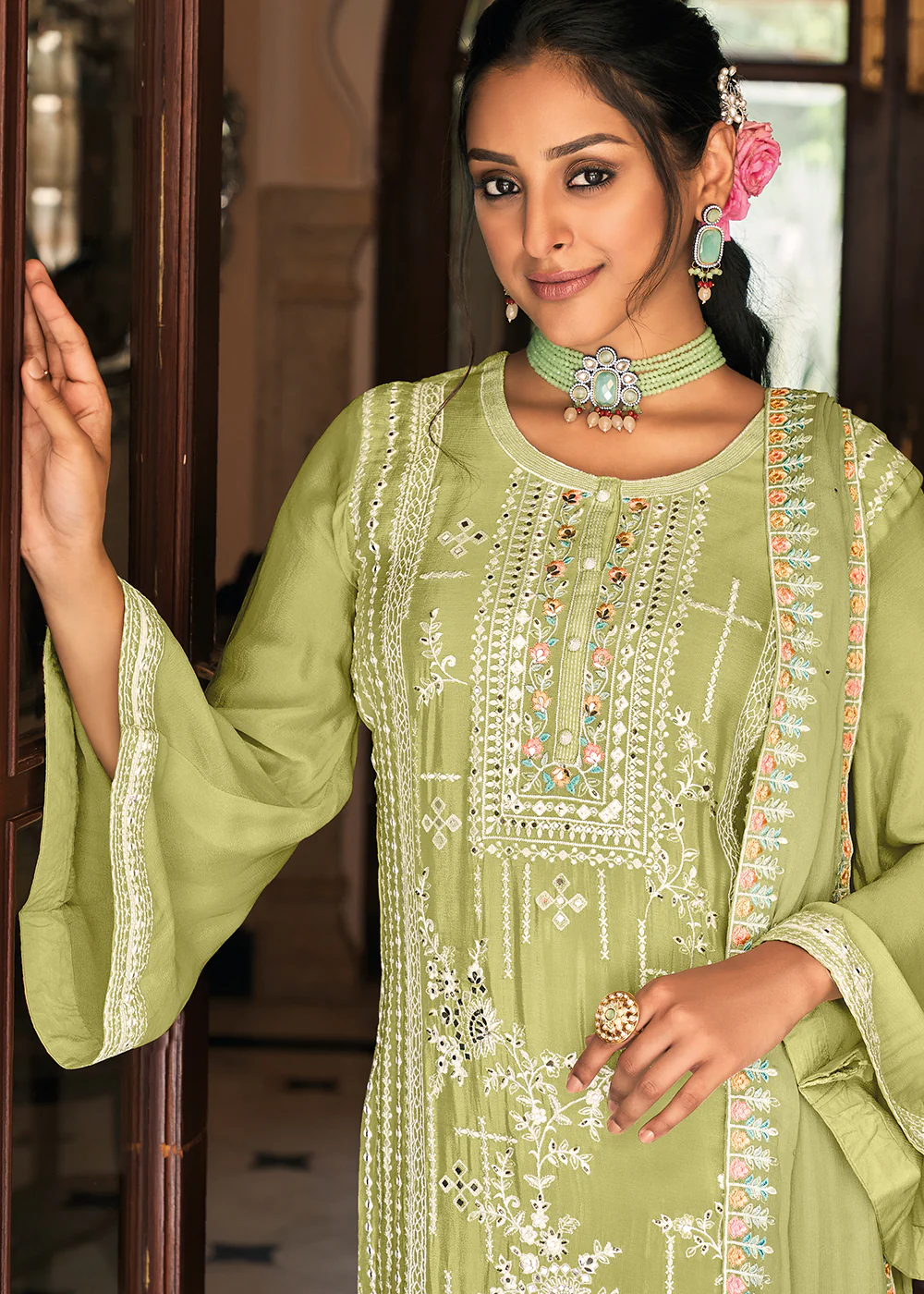 Pakistani Style Delicate Green Function Wear Salwar Suit - Image 2