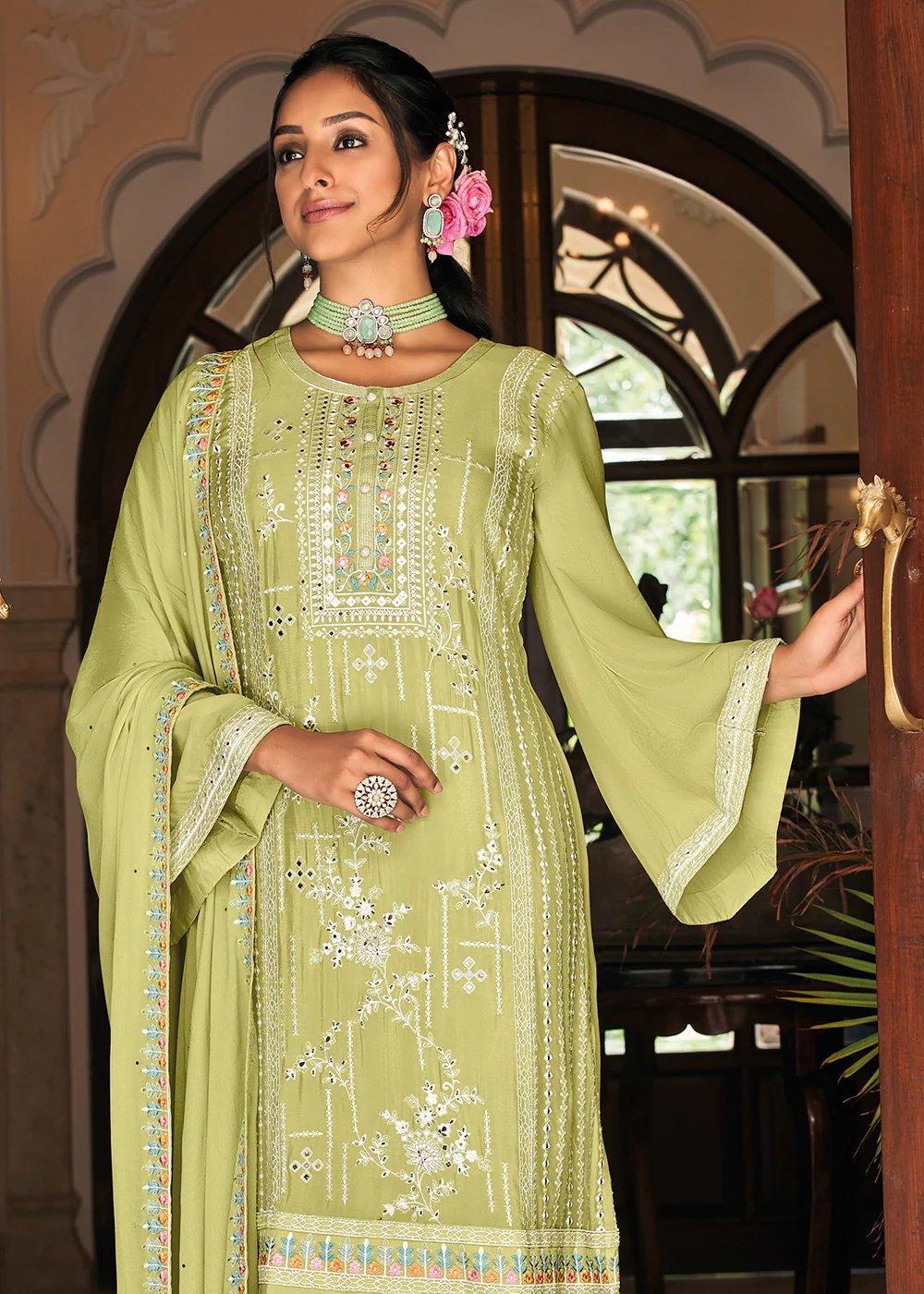 Pakistani Style Delicate Green Function Wear Salwar Suit - Image 3