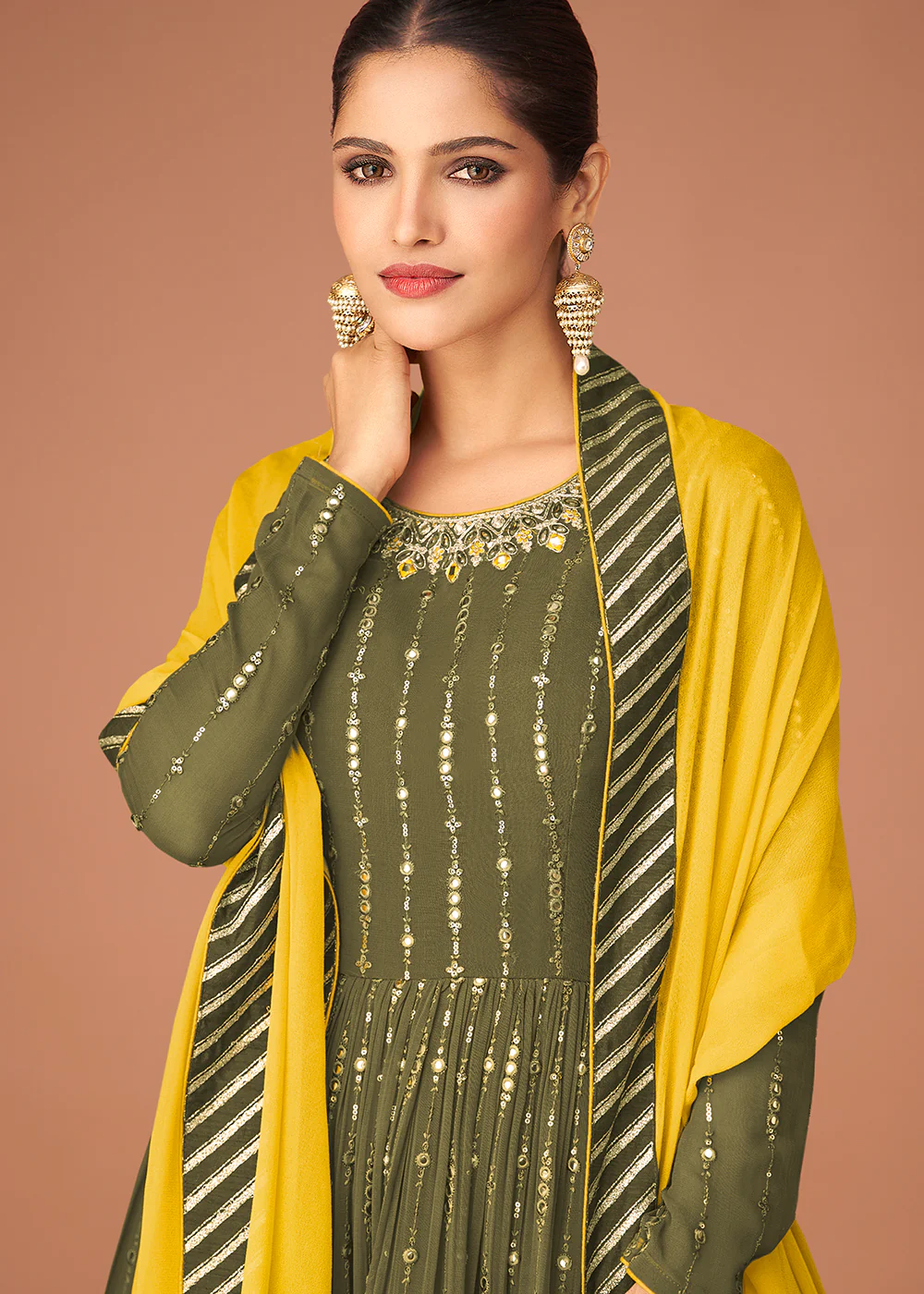 Pakistani Style Designer Fern Green Peplum Sharara Suit - Image 2