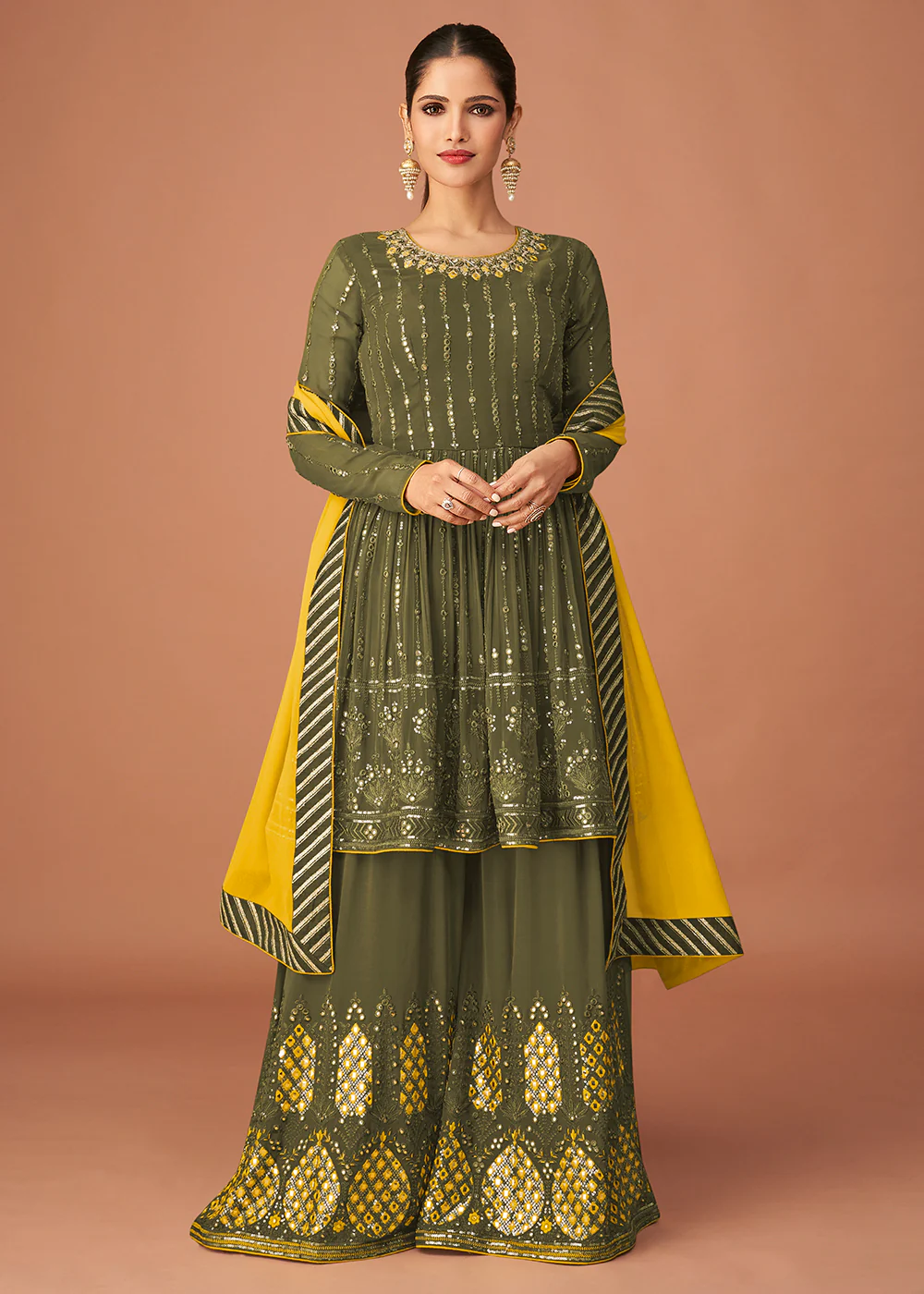 Pakistani Style Designer Fern Green Peplum Sharara Suit - Image 3
