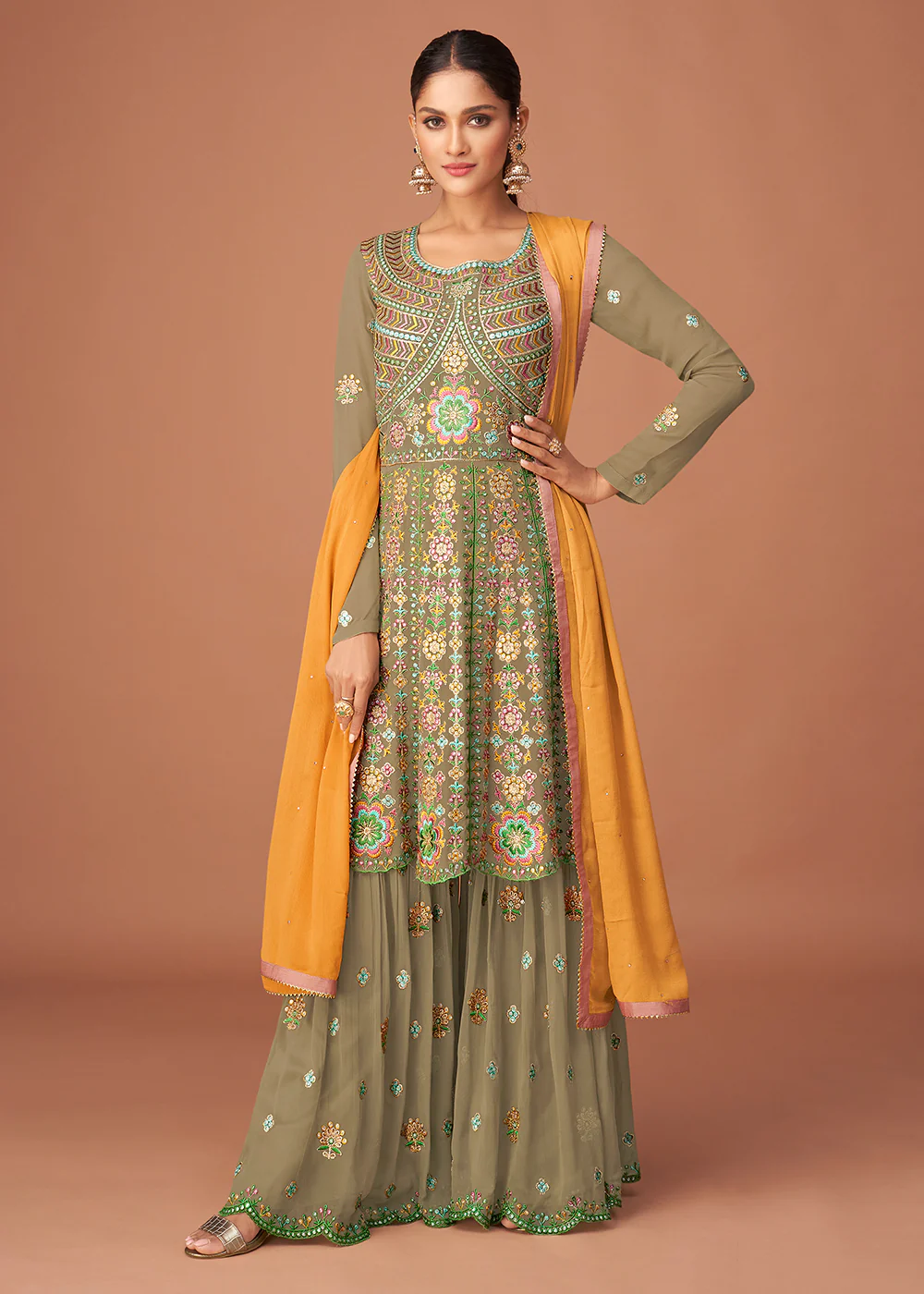 Pakistani Style Designer Moss Green Peplum Sharara Suit - Image 3
