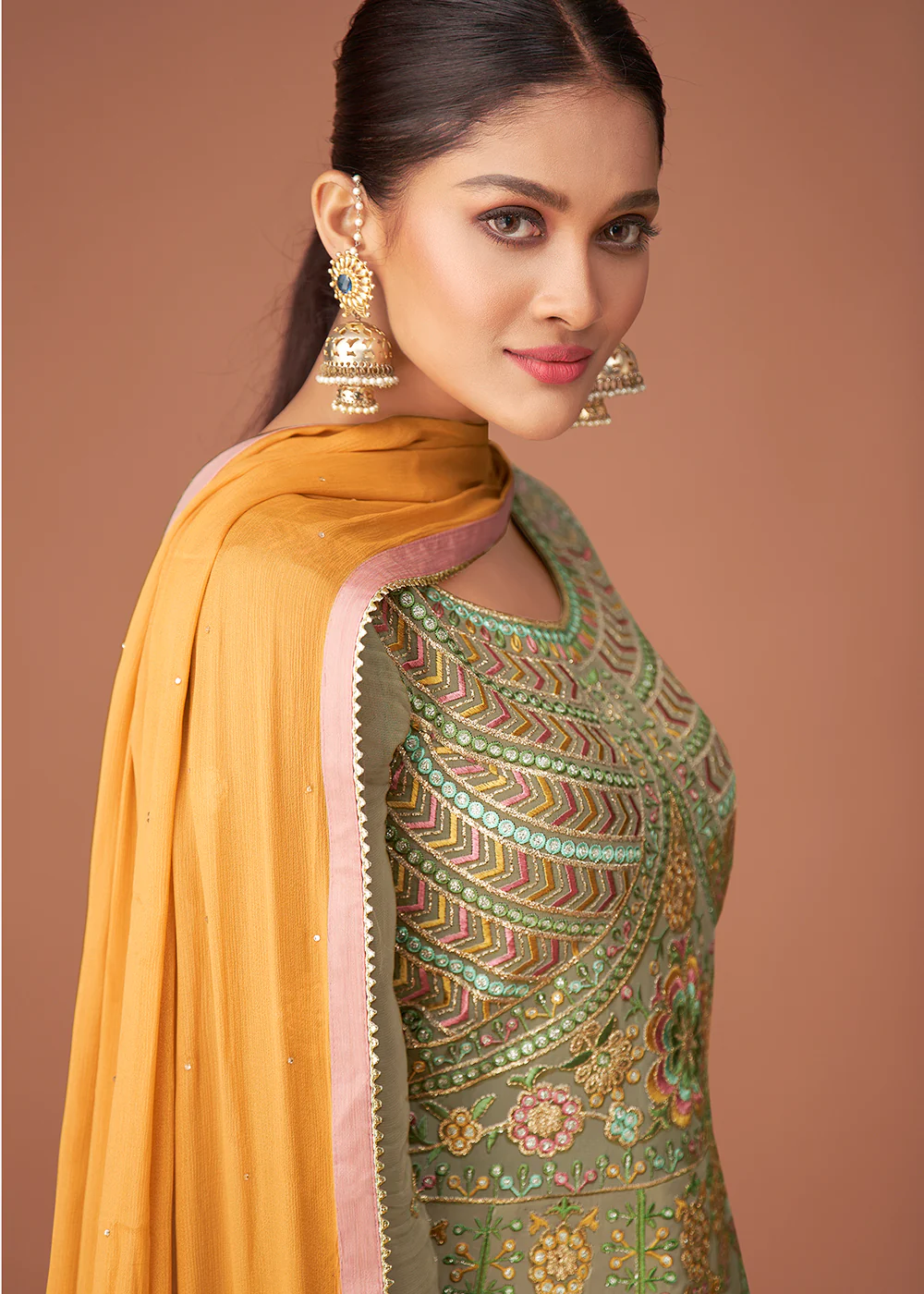 Pakistani Style Designer Moss Green Peplum Sharara Suit - Image 4