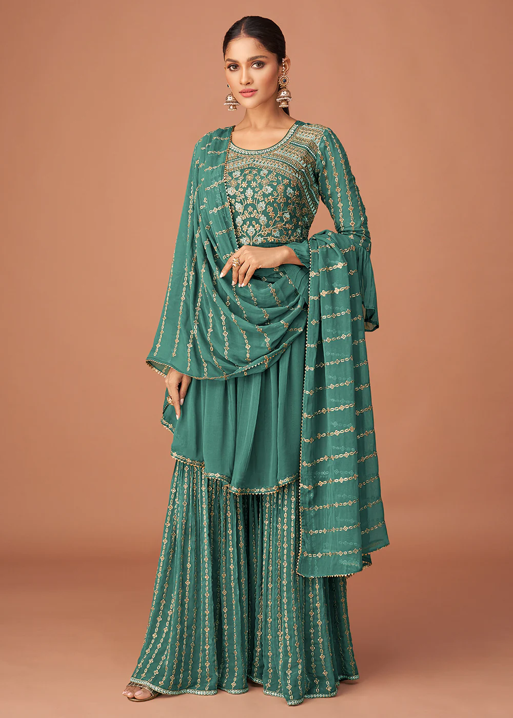 Pakistani Style Designer Teal Blue Peplum Sharara Suit - Image 3