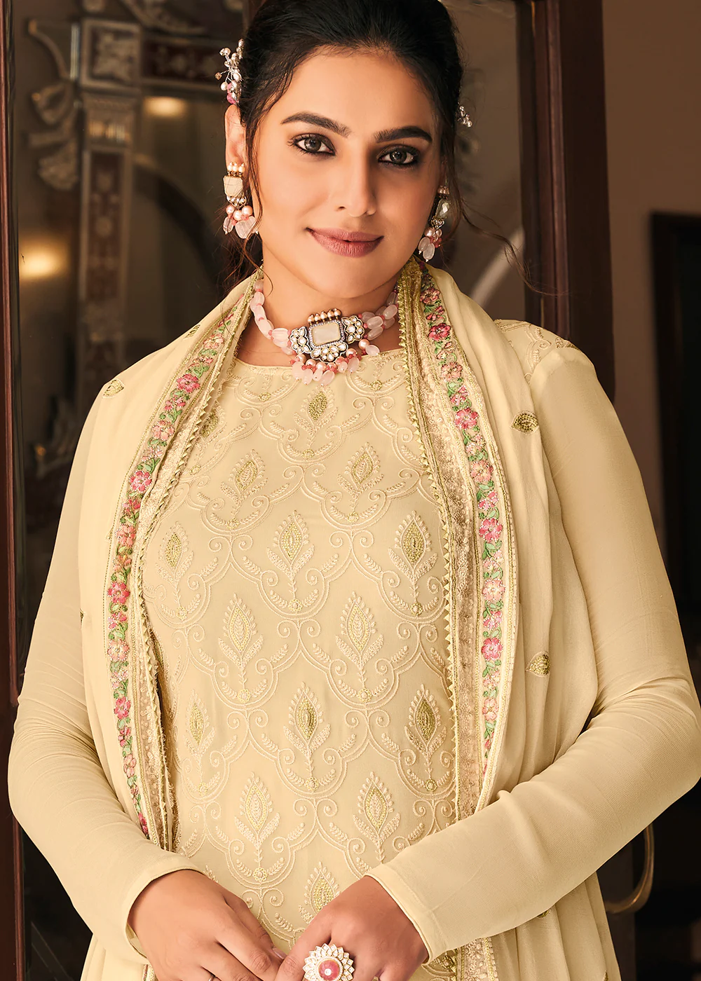 Pakistani Style Graceful Cream Function Wear Salwar Suit - Image 2