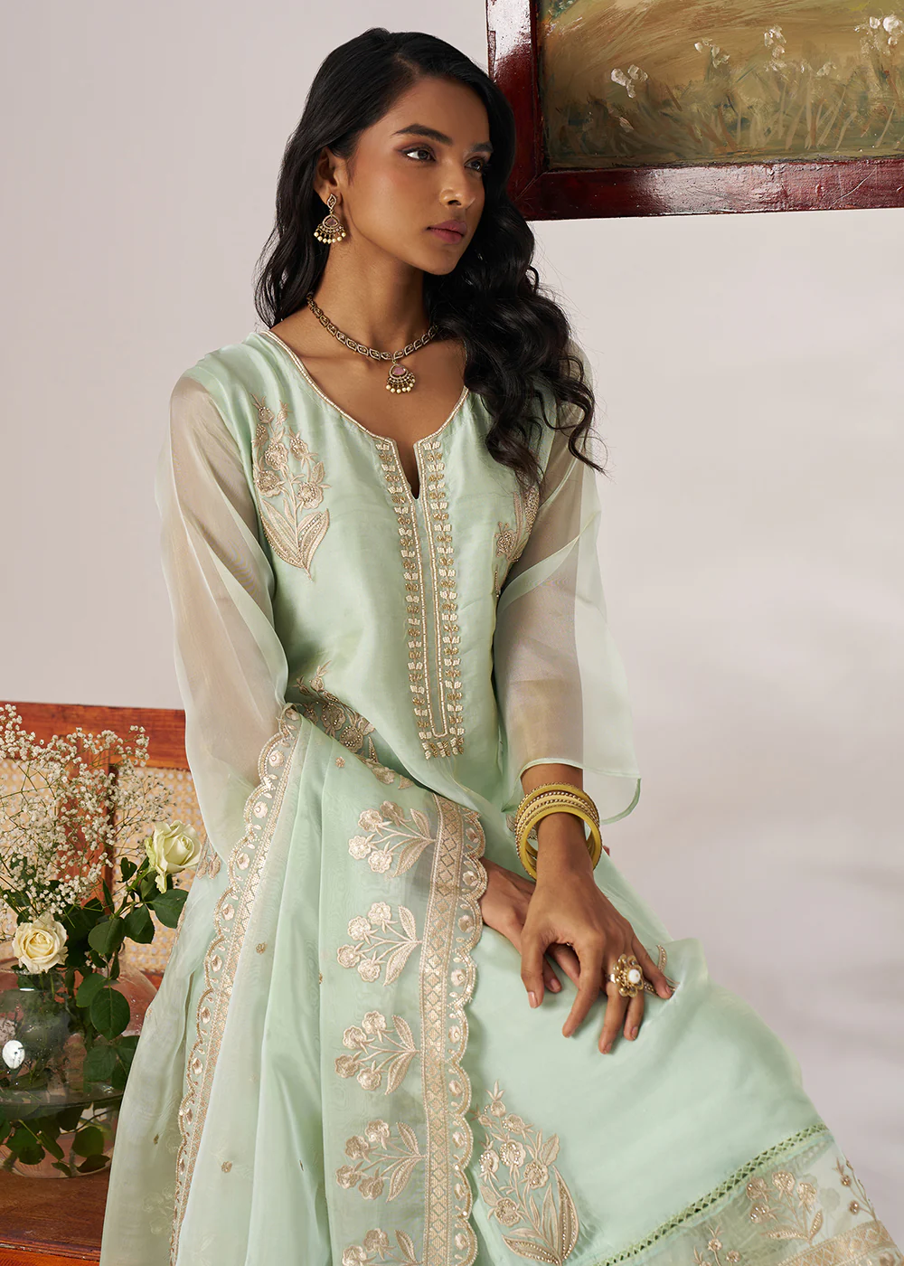 Pakistani Style Green Embroidered Pant Style Suit - Image 2
