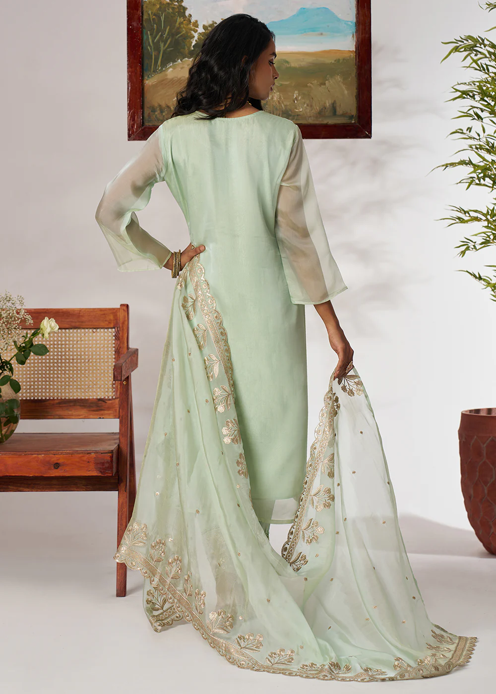 Pakistani Style Green Embroidered Pant Style Suit - Image 3