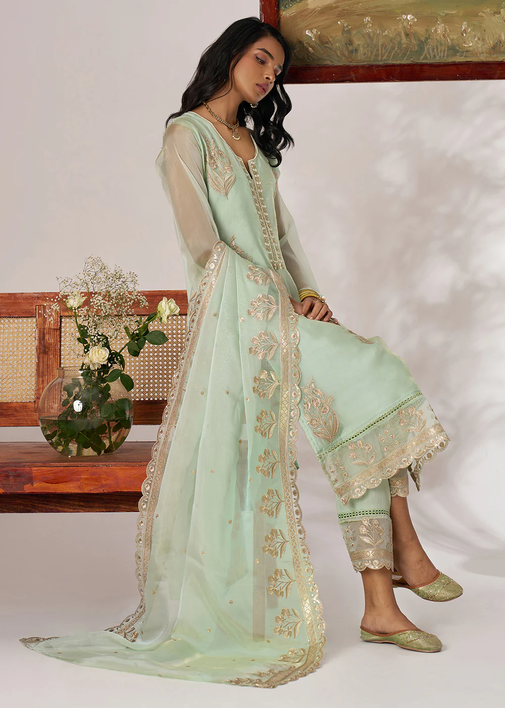 Pakistani Style Green Embroidered Pant Style Suit - Image 4