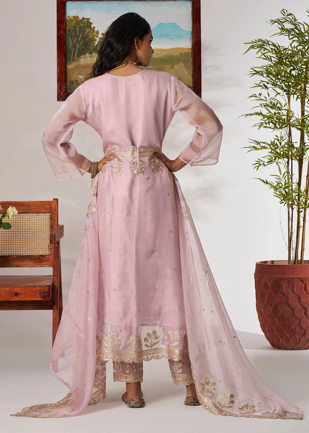 Pakistani Style Lavender Embroidered Pant Style Suit - Image 3