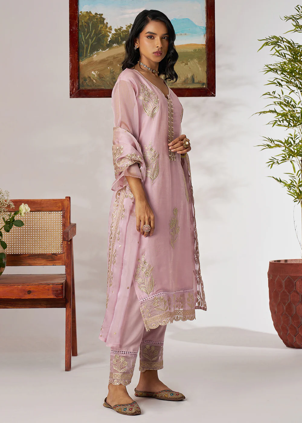Pakistani Style Lavender Embroidered Pant Style Suit - Image 4