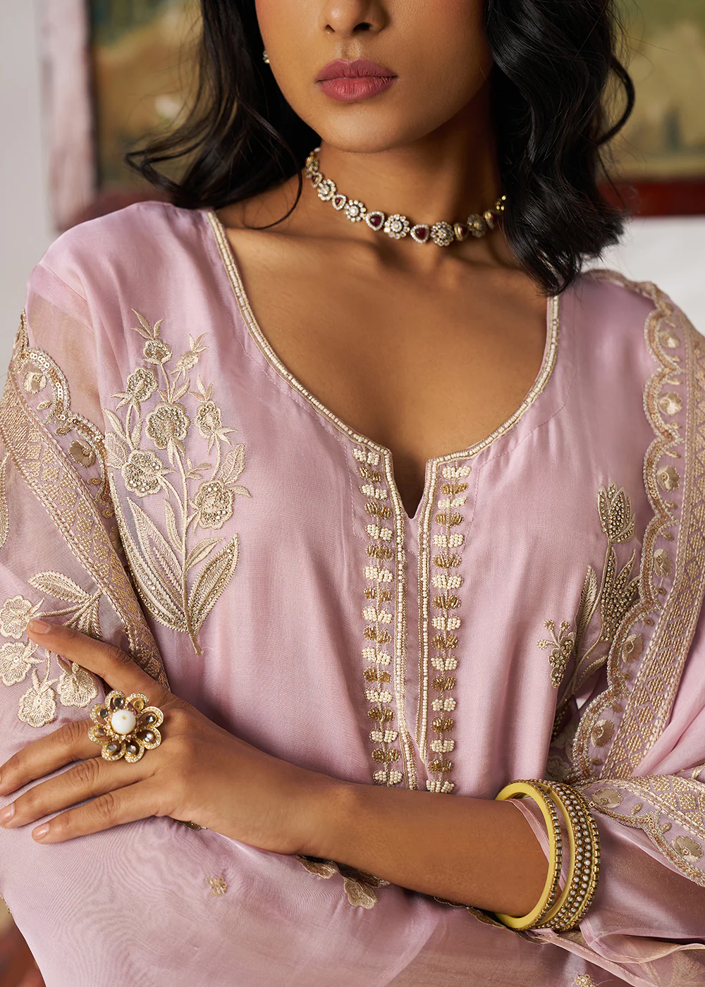 Pakistani Style Lavender Embroidered Pant Style Suit - Image 5