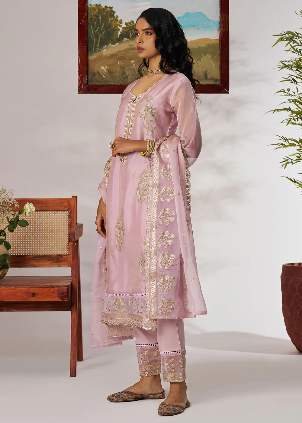 Pakistani Style Lavender Embroidered Pant Style Suit - Image 7