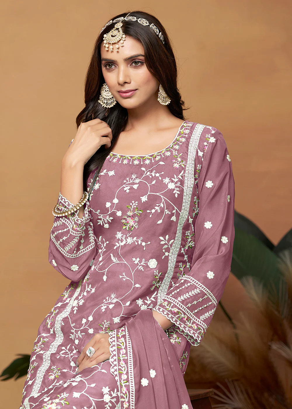 Pakistani Style Mauve Pink Embroidered Organza Salwar Suit - Image 2