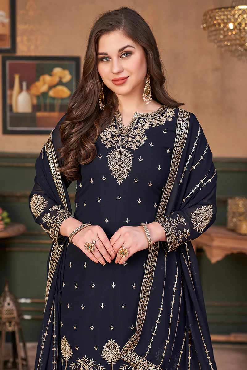 Pakistani Style Navy Blue Embroidered Palazzo Salwar Suit - Image 2
