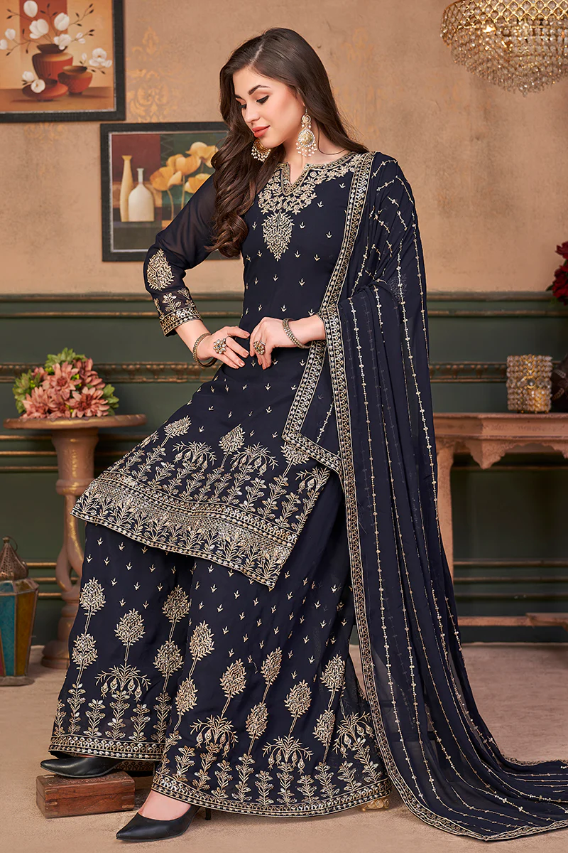 Pakistani Style Navy Blue Embroidered Palazzo Salwar Suit - Image 3