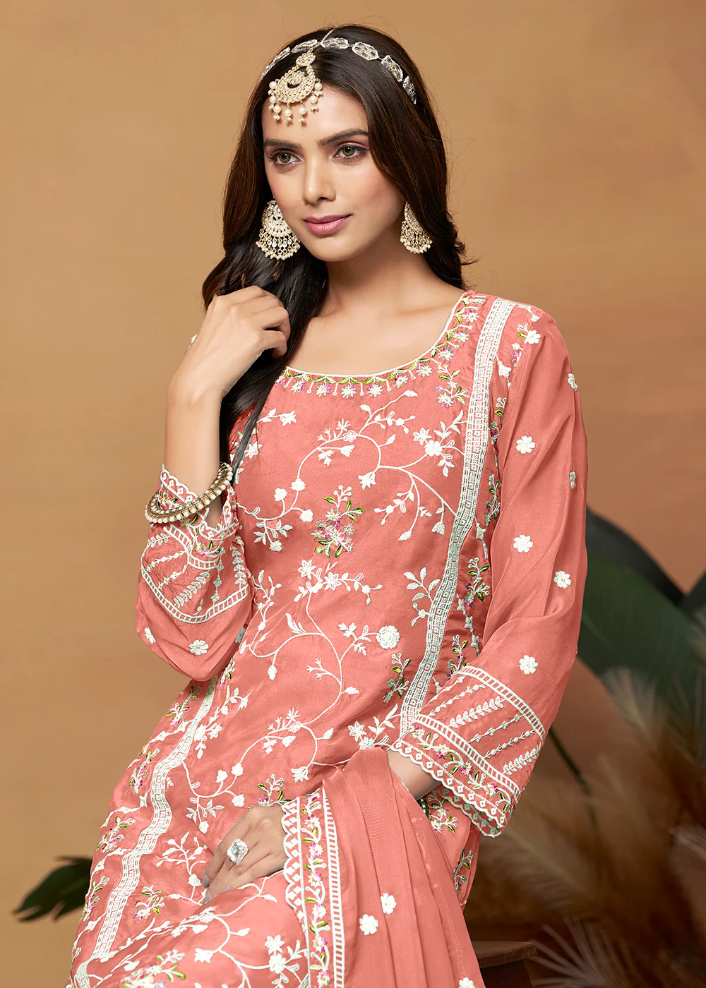 Pakistani Style Peach Embroidered Organza Salwar Suit - Image 2