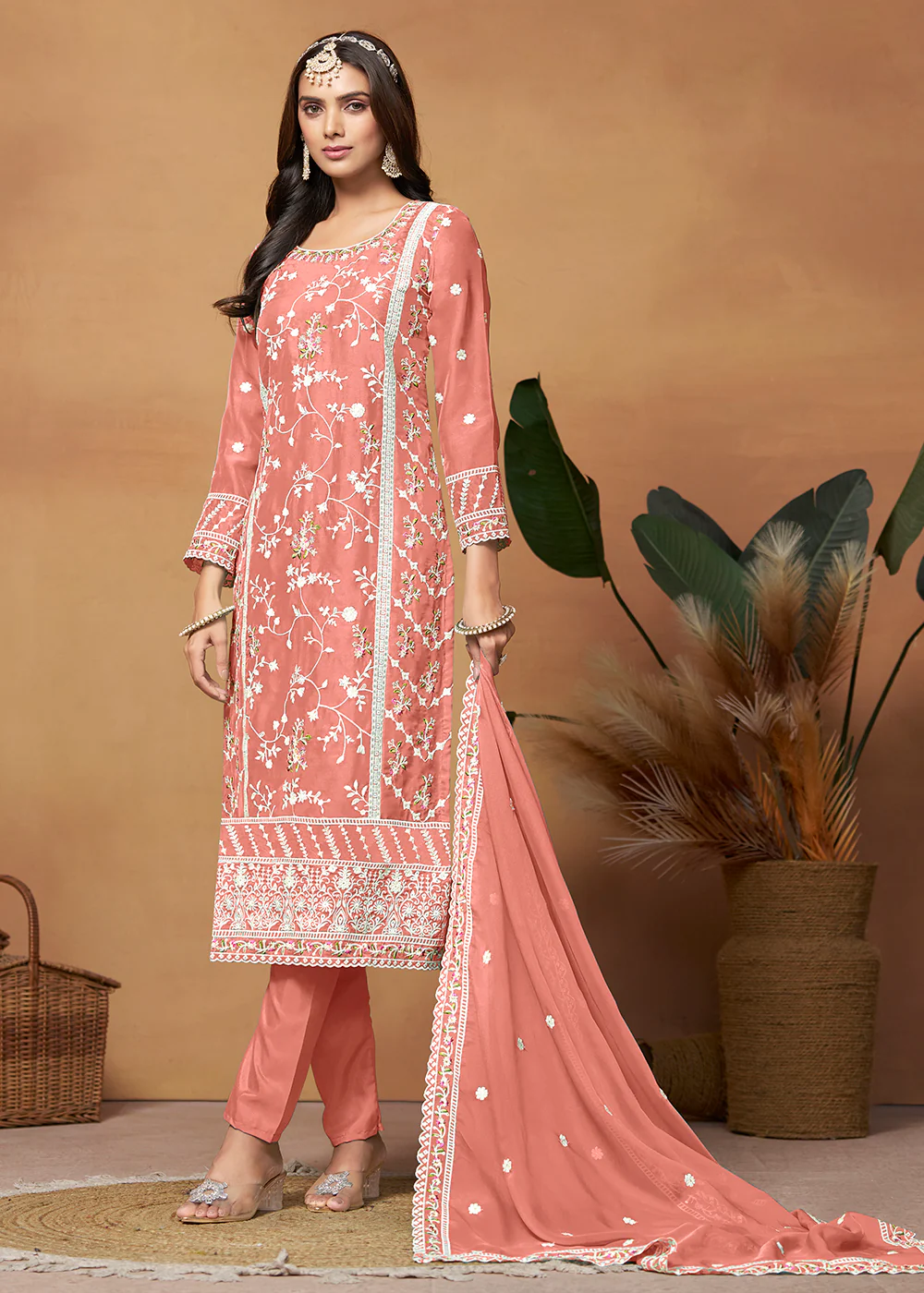 Pakistani Style Peach Embroidered Organza Salwar Suit - Image 3