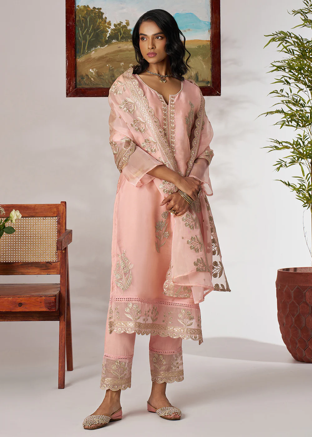 Pakistani Style Peach Embroidered Pant Style Suit - Image 5