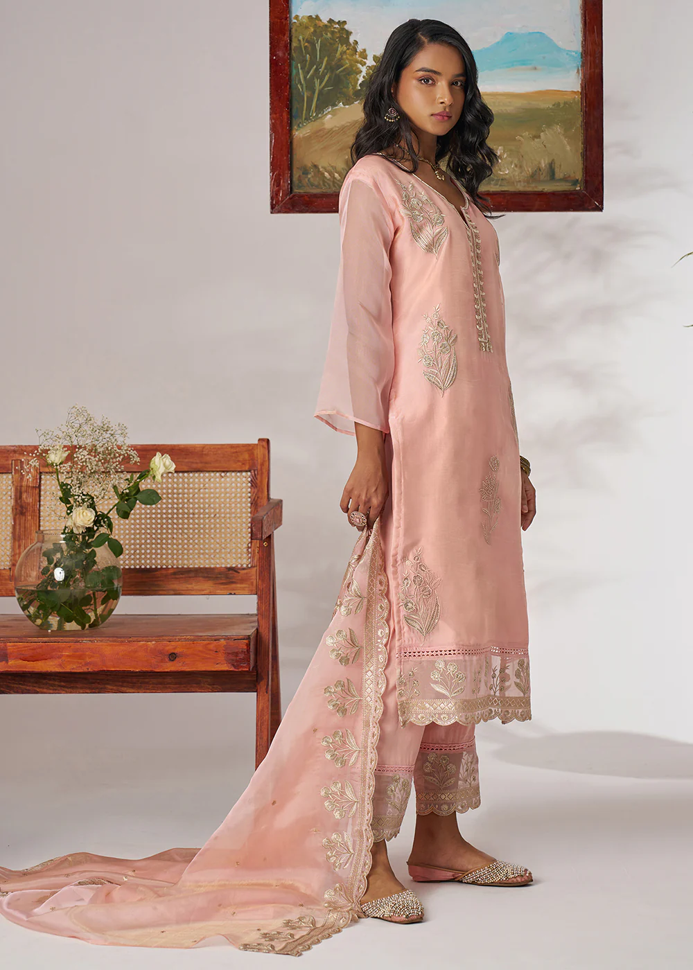 Pakistani Style Peach Embroidered Pant Style Suit - Image 6