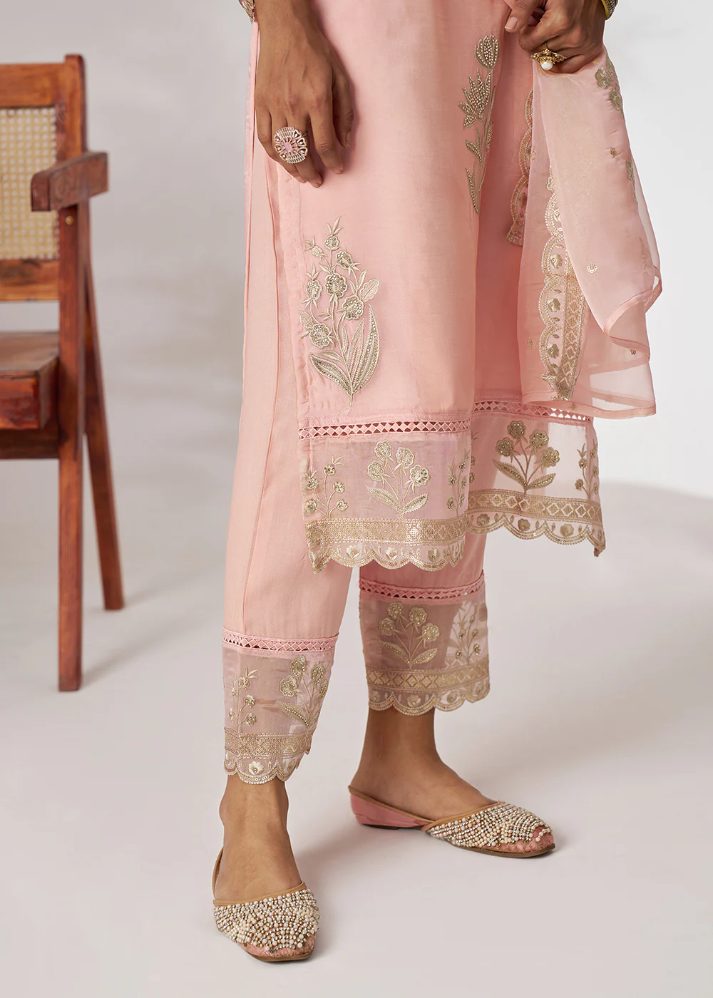 Pakistani Style Peach Embroidered Pant Style Suit - Image 7