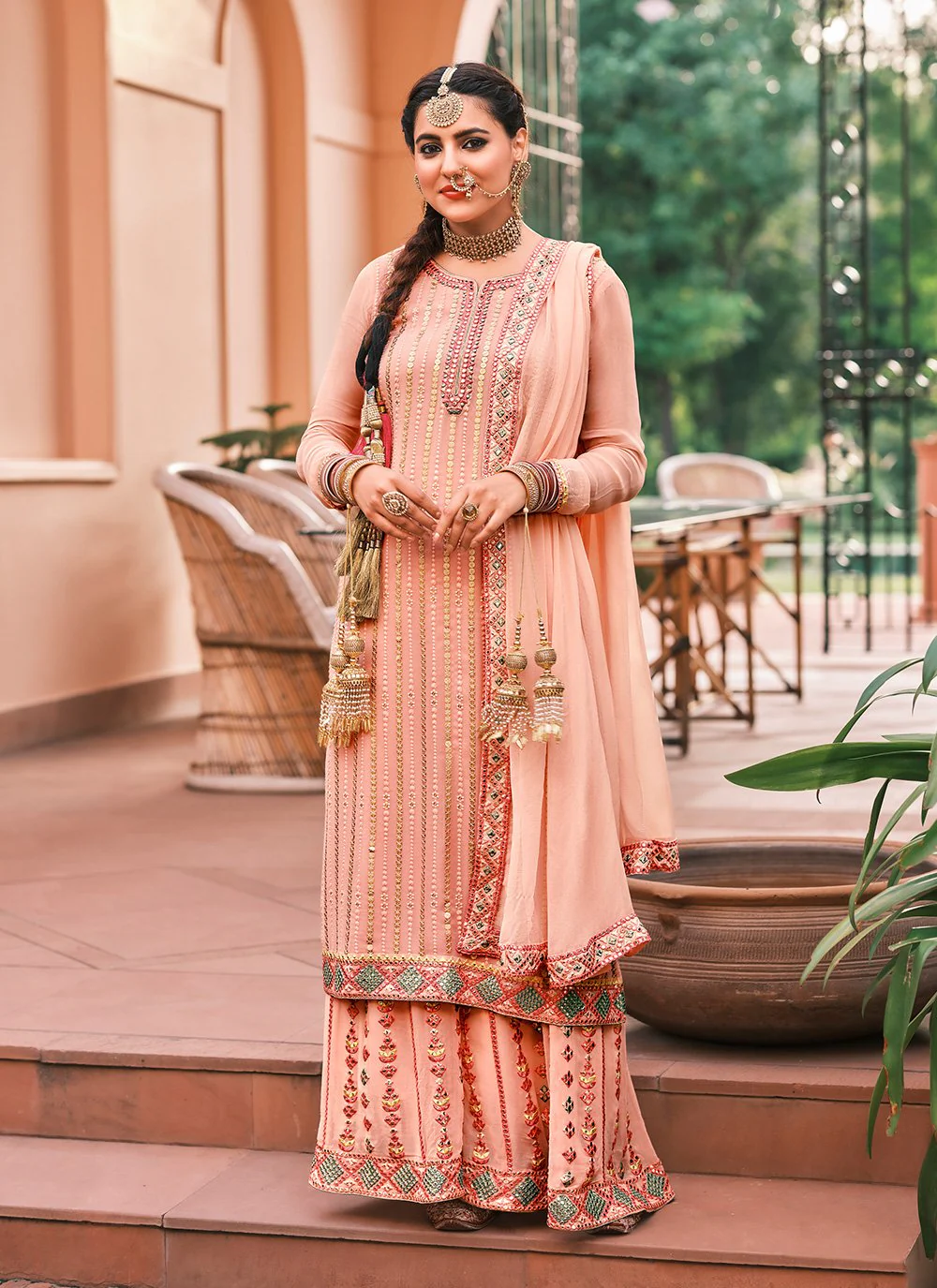 Pakistani Style Peach Pink Embroidered Suit with Palazzo