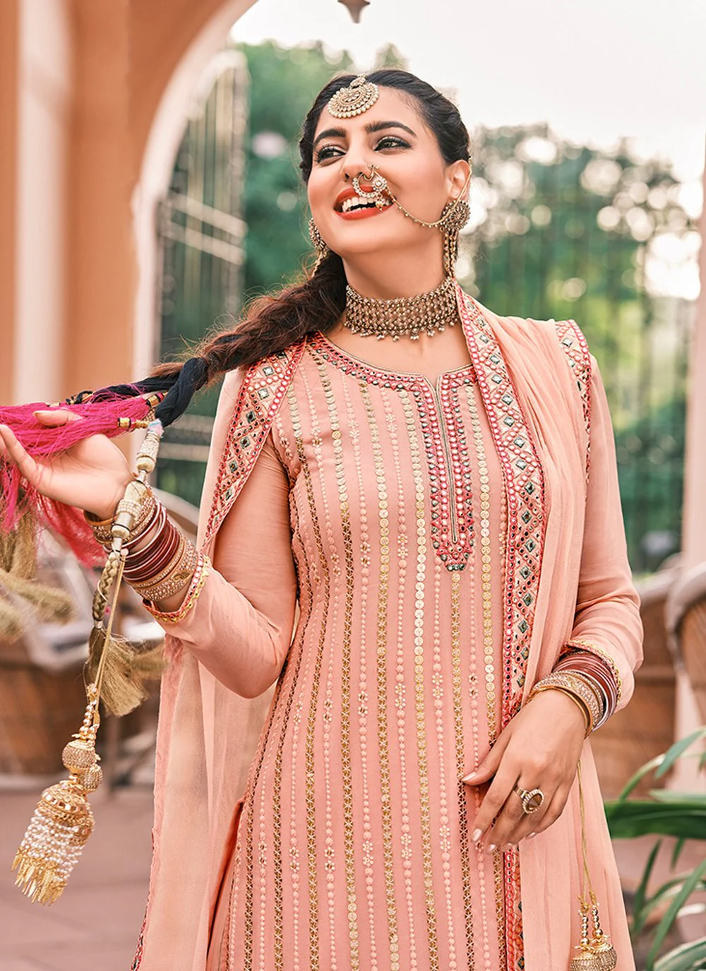 Pakistani Style Peach Pink Embroidered Suit with Palazzo - Image 2