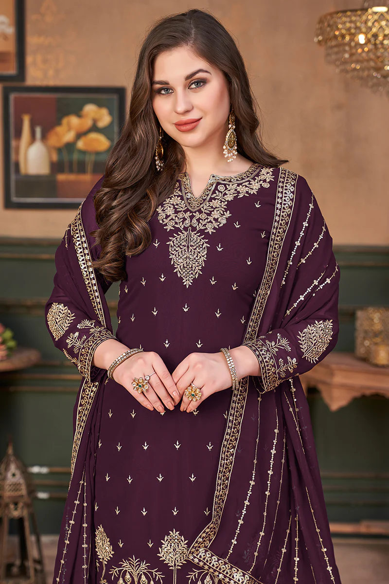 Pakistani Style Plum Purple Embroidered Palazzo Salwar Suit - Image 2