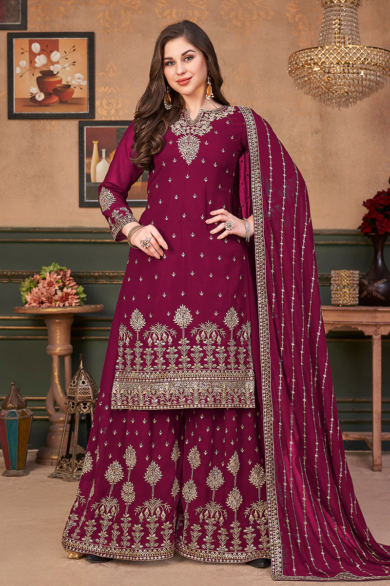 Pakistani Style Rani Pink Embroidered Palazzo Salwar Suit
