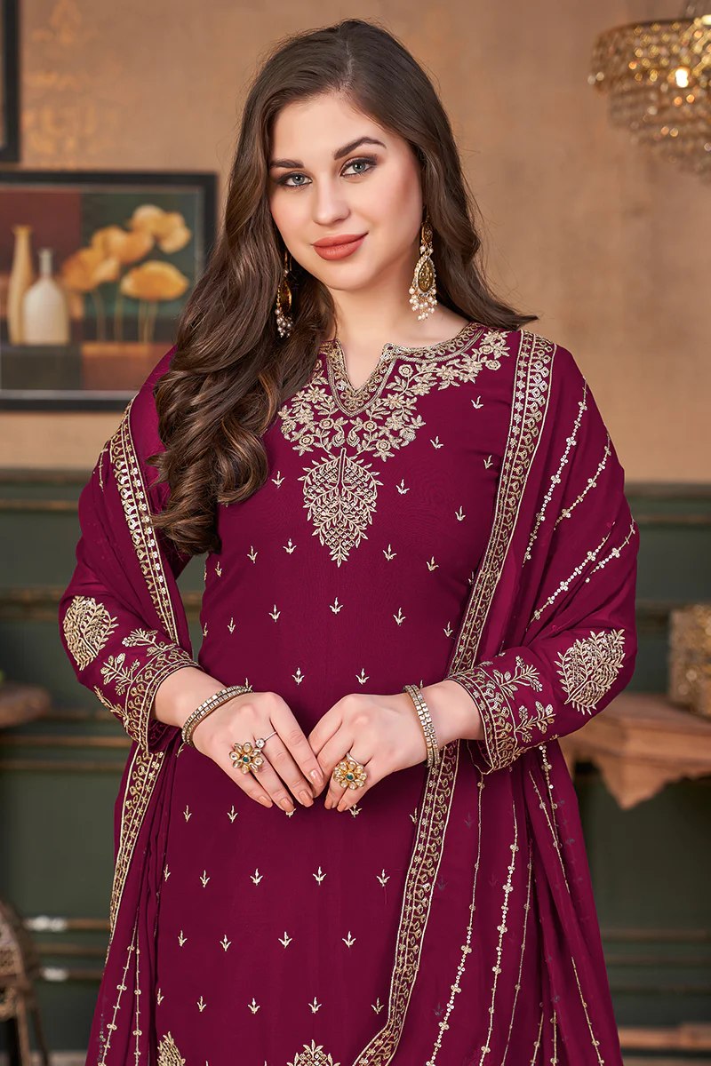 Pakistani Style Rani Pink Embroidered Palazzo Salwar Suit - Image 2