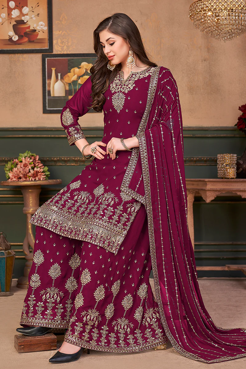 Pakistani Style Rani Pink Embroidered Palazzo Salwar Suit - Image 3