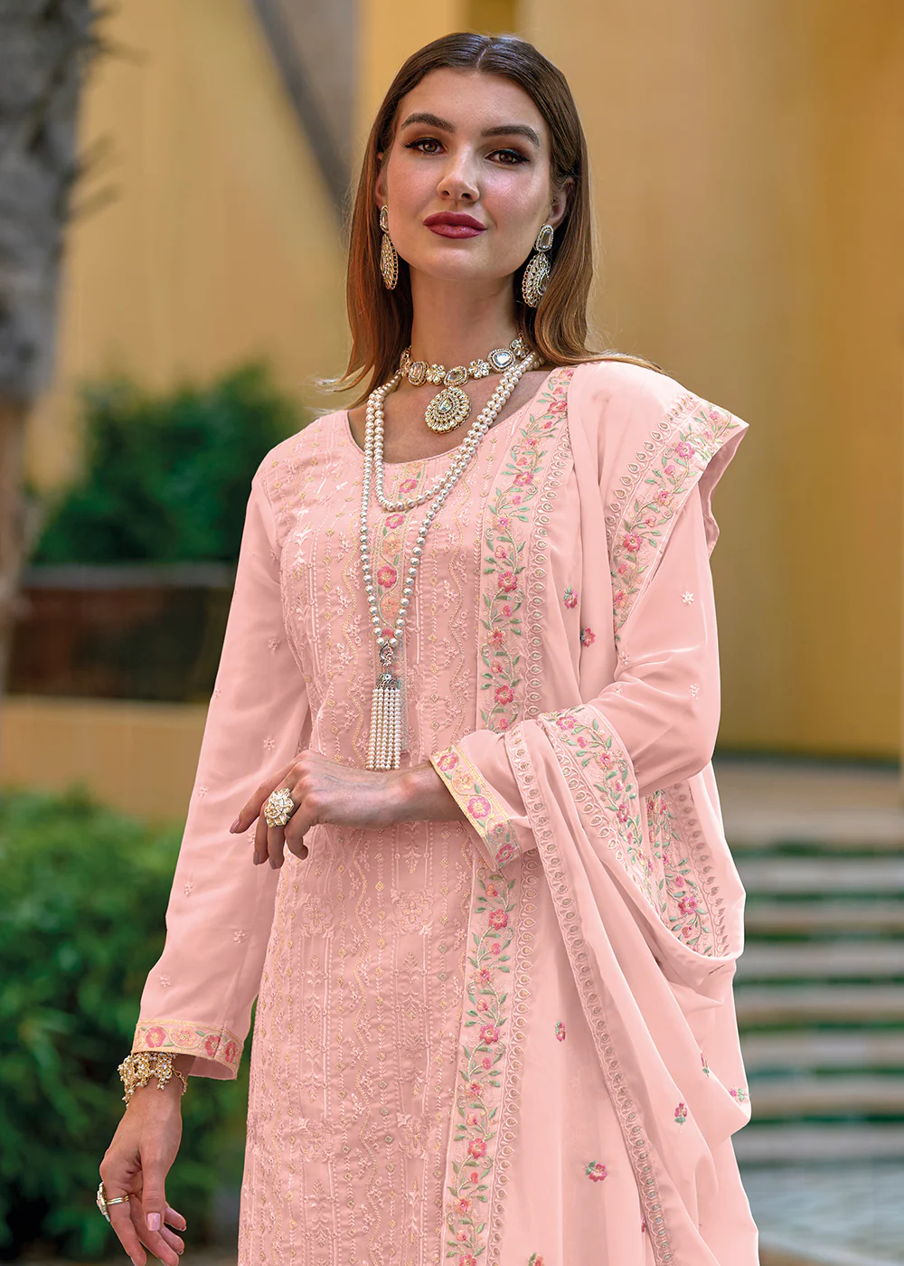 Pakistani Style Splendid Peach Embroidered Eid Wear Kurta Set - Image 2