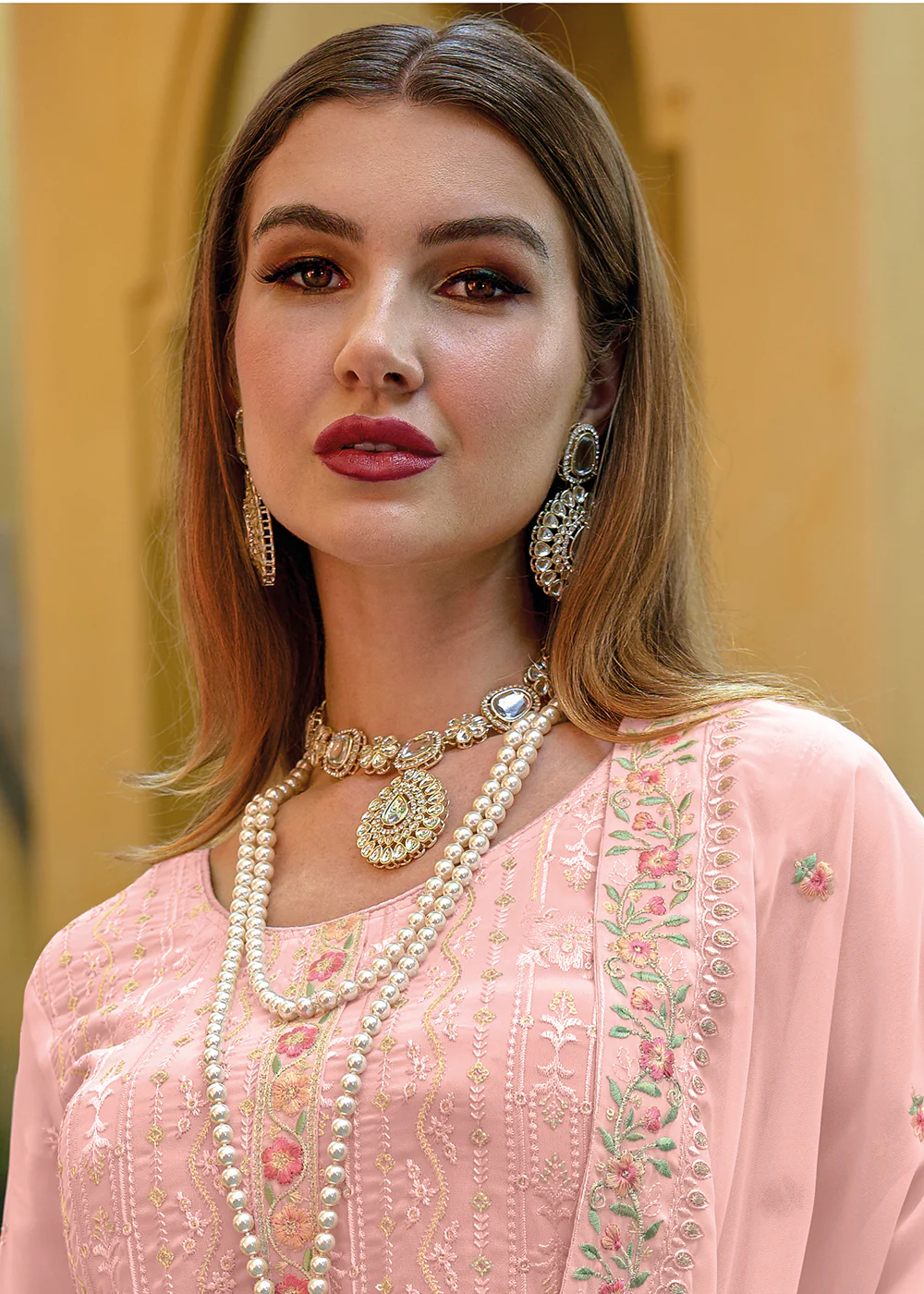 Pakistani Style Splendid Peach Embroidered Eid Wear Kurta Set - Image 3