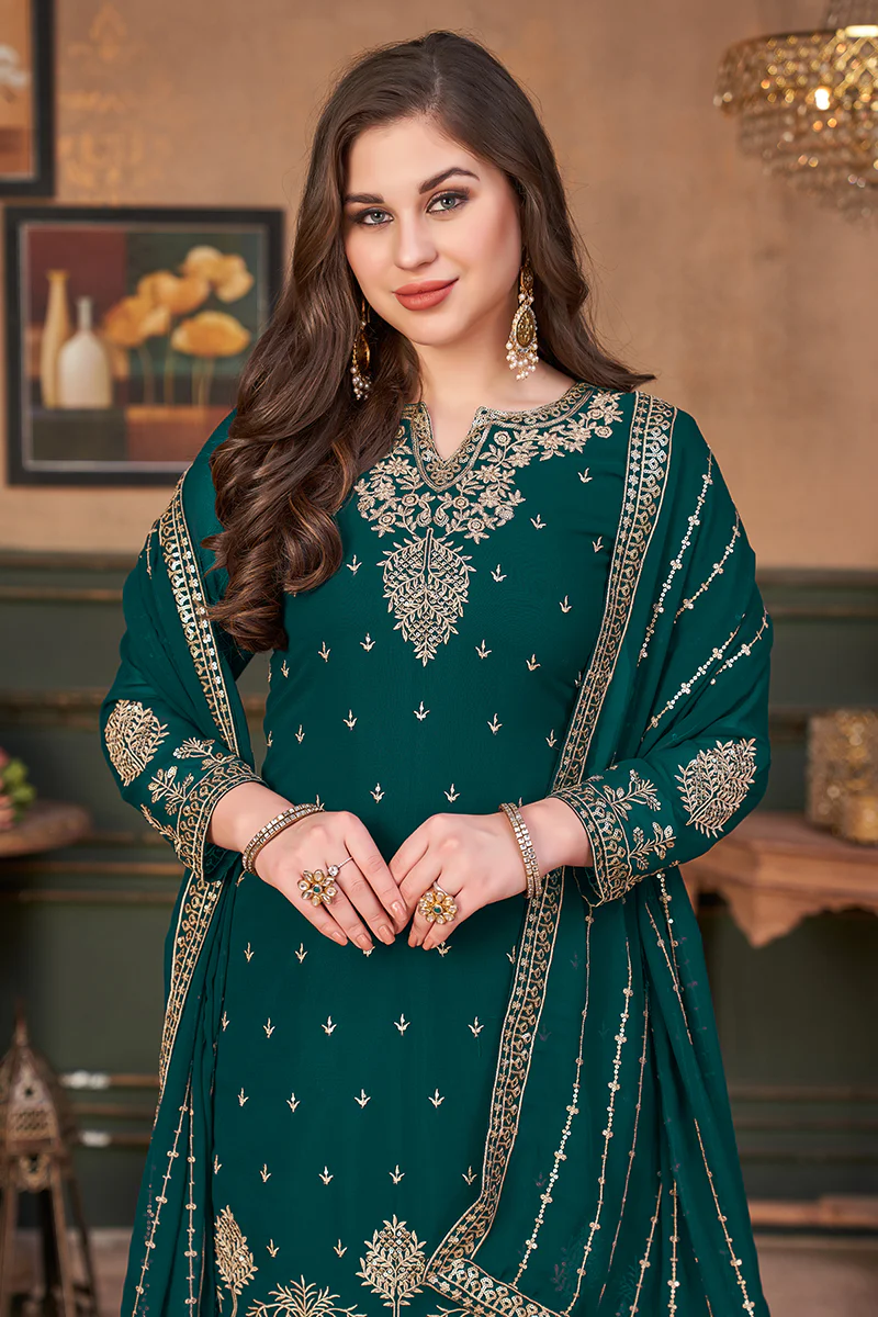 Pakistani Style Teal Green Embroidered Palazzo Salwar Suit - Image 2