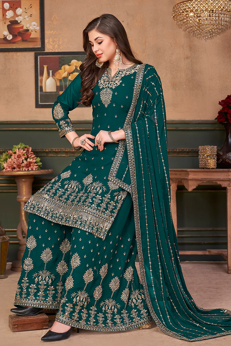 Pakistani Style Teal Green Embroidered Palazzo Salwar Suit - Image 3