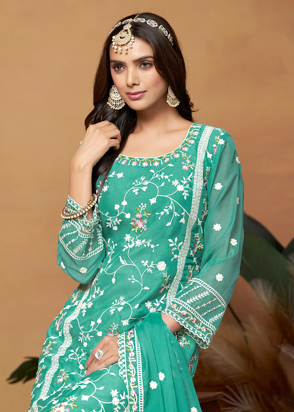 Pakistani Style Turquoise Embroidered Organza Salwar Suit - Image 2