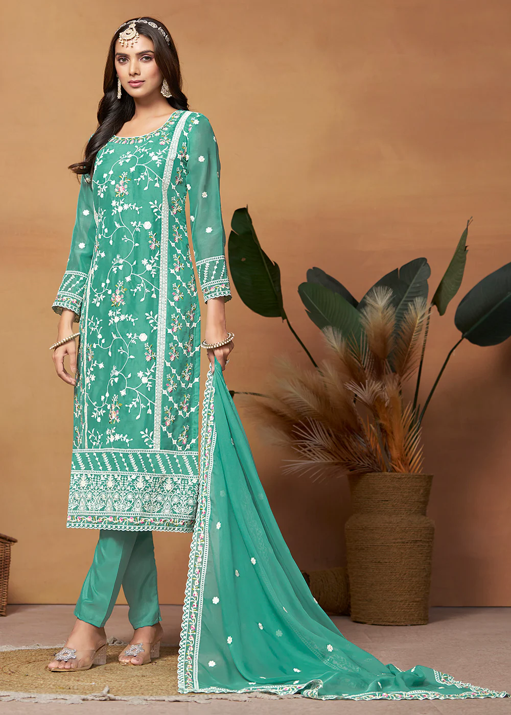 Pakistani Style Turquoise Embroidered Organza Salwar Suit - Image 3