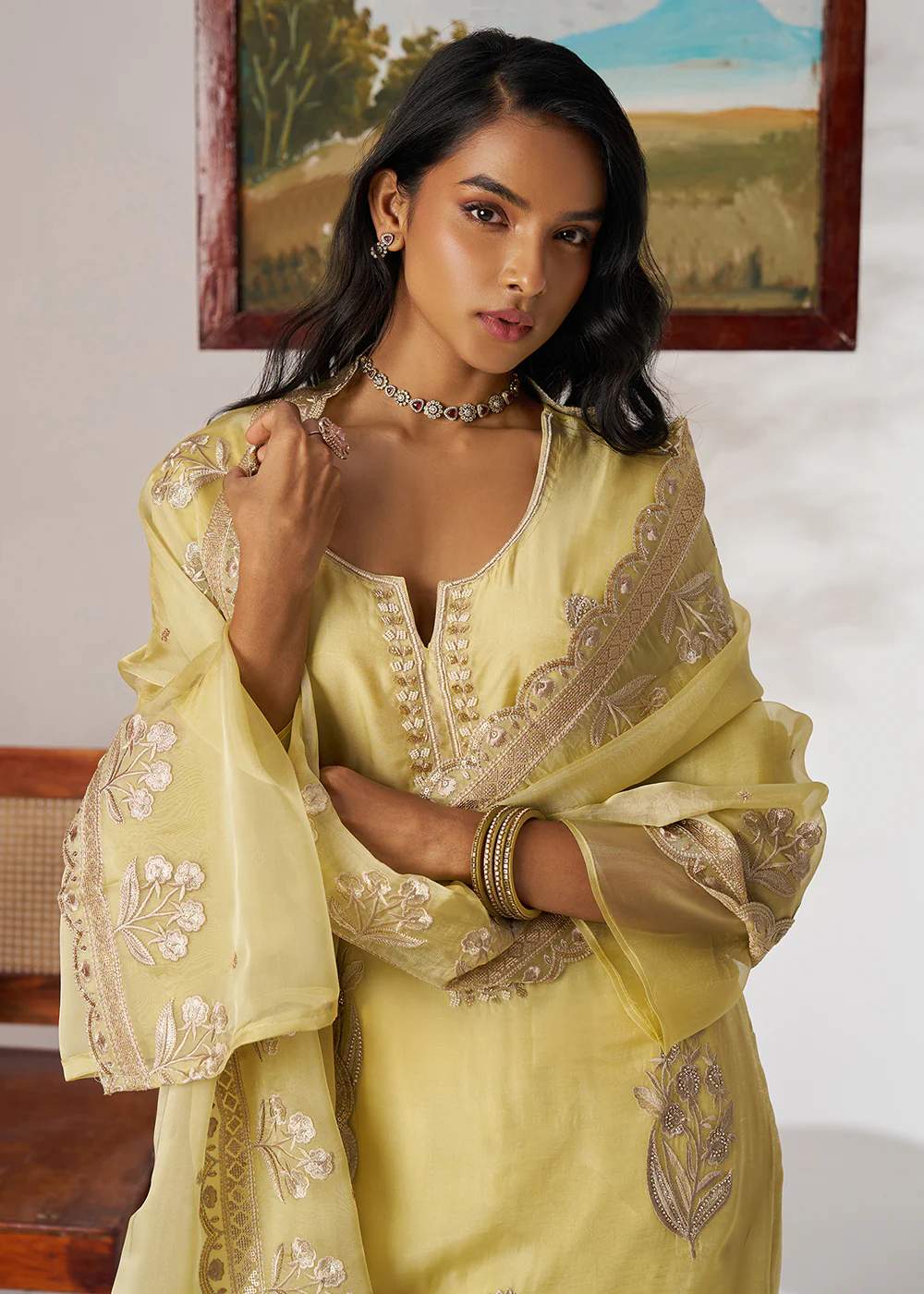 Pakistani Style Yellow Embroidered Pant Style Suit - Image 2