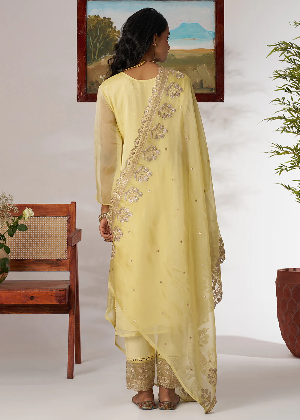 Pakistani Style Yellow Embroidered Pant Style Suit - Image 3