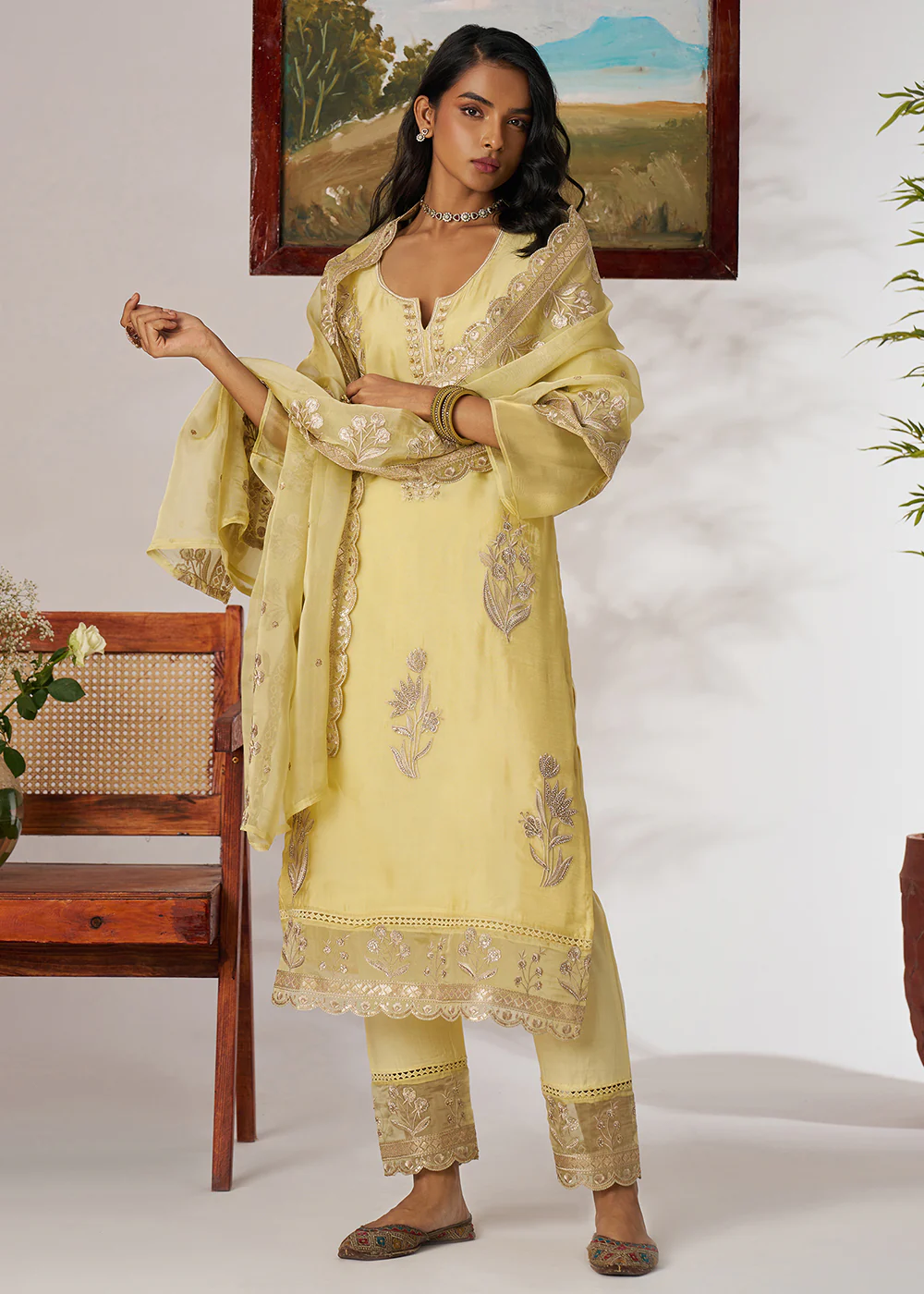 Pakistani Style Yellow Embroidered Pant Style Suit - Image 4