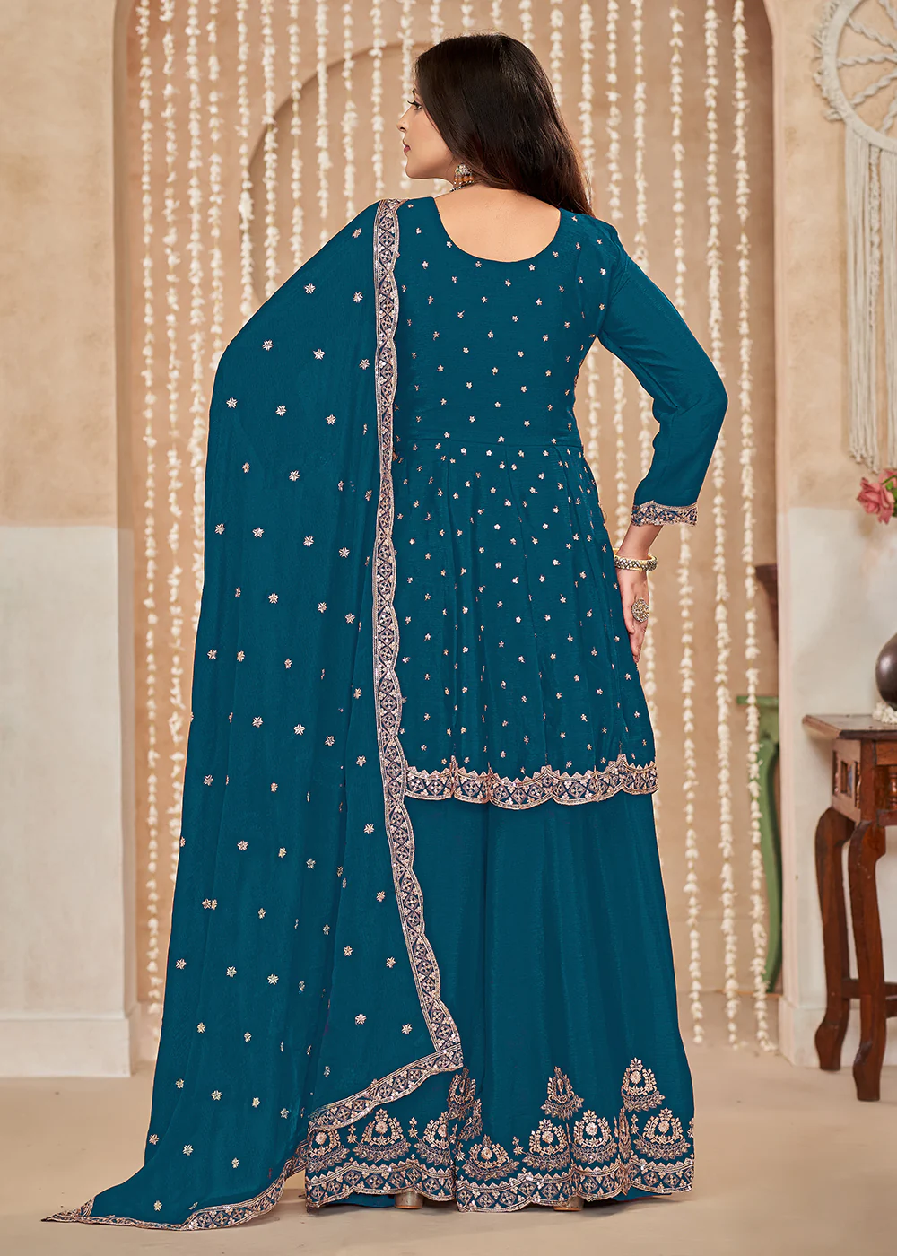Palazzo Style Blue Embroidered Wedding Festive Suit - Image 3