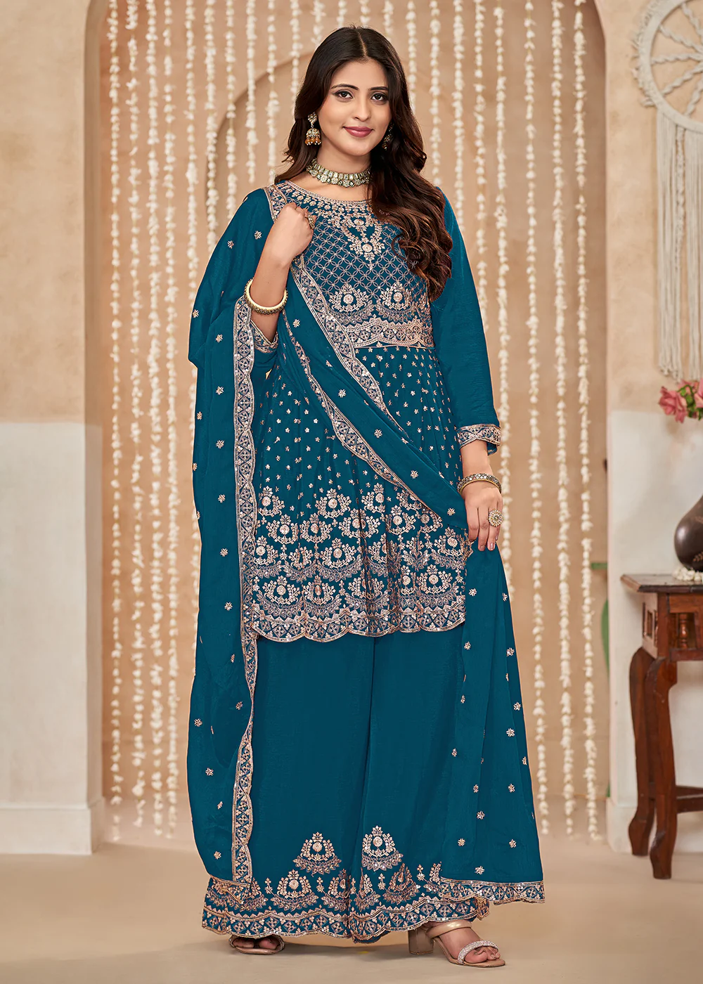 Palazzo Style Blue Embroidered Wedding Festive Suit - Image 4