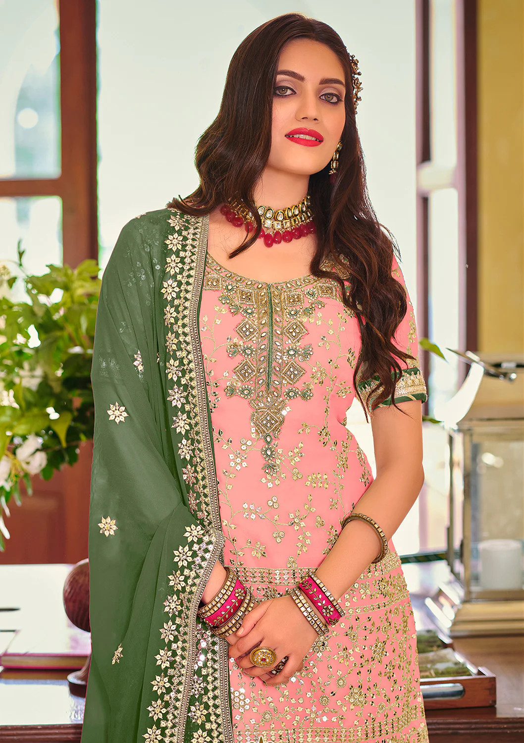 Palazzo Style Blush Pink Embellished Georgette Suit - Image 2