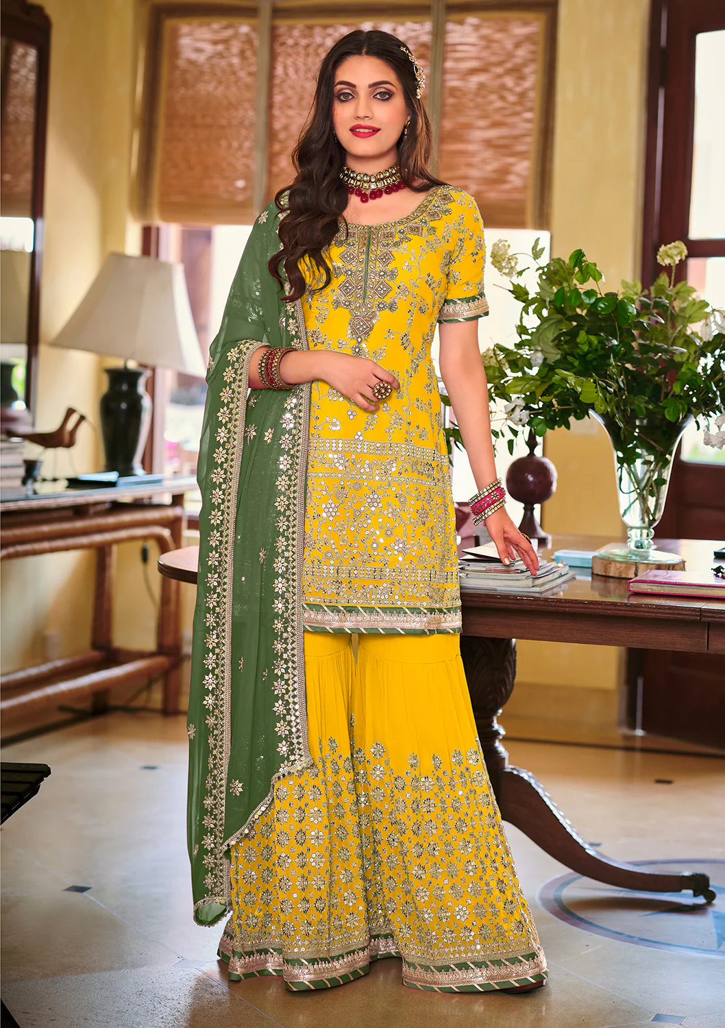 Palazzo Style Bright Yellow Embellished Georgette Suit