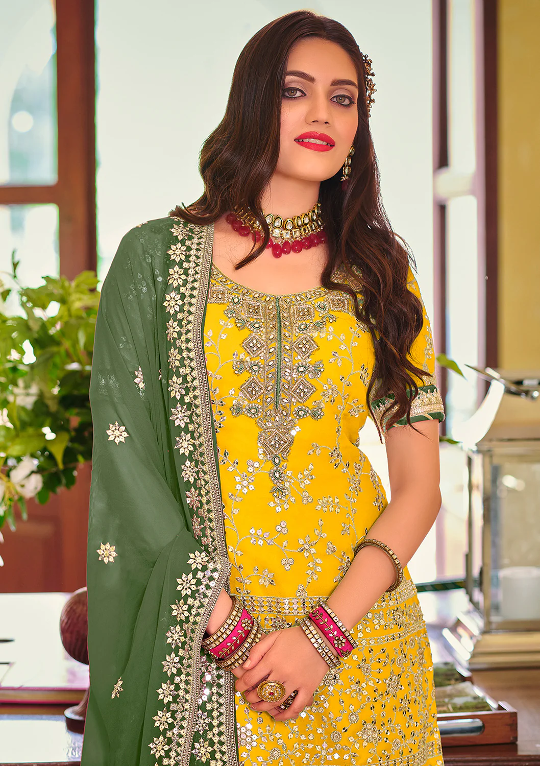 Palazzo Style Bright Yellow Embellished Georgette Suit - Image 2