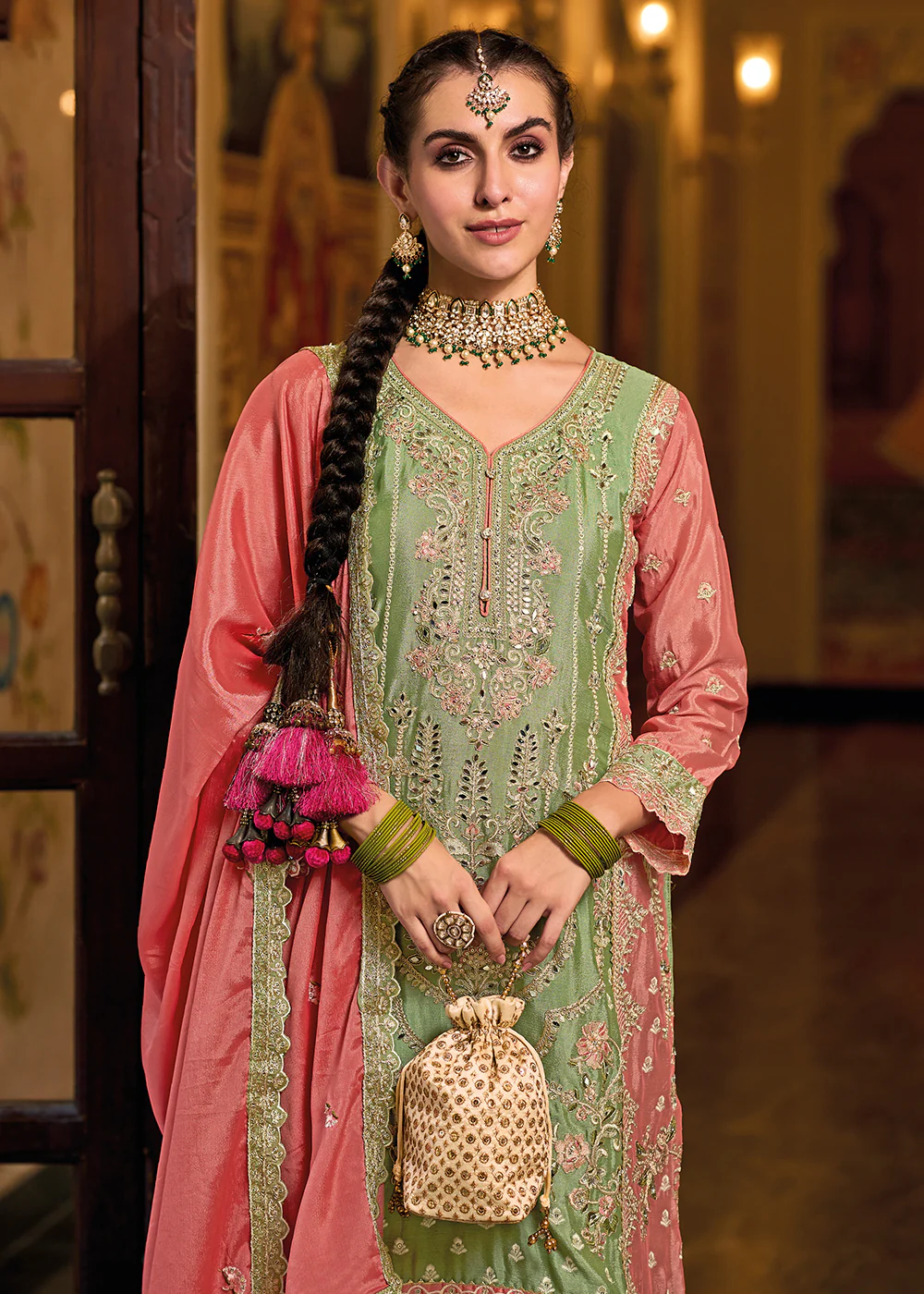Palazzo Style Chinnon Green Embroidered Festive Suit - Image 2
